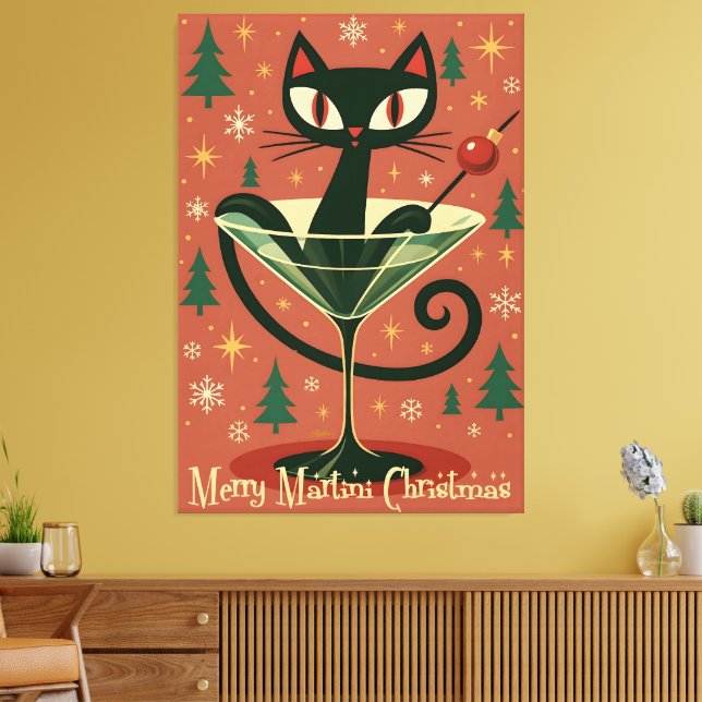 Impressão Em Tela Mid Century Black Cat Merry Martini Christmas (Insitu(Sala de estar))