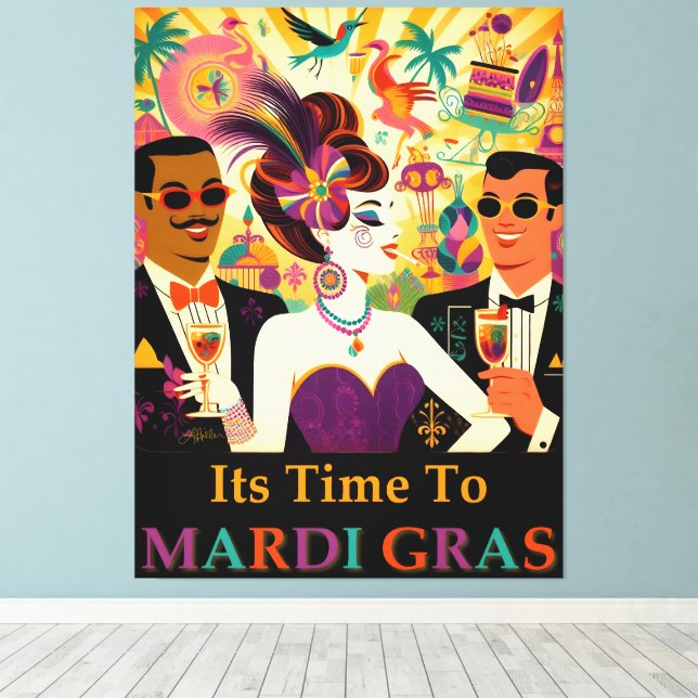 Impressão Em Tela Mid Century Retro 60s Mardi Gras Cocktail Party (Insitu(piso de madeira))