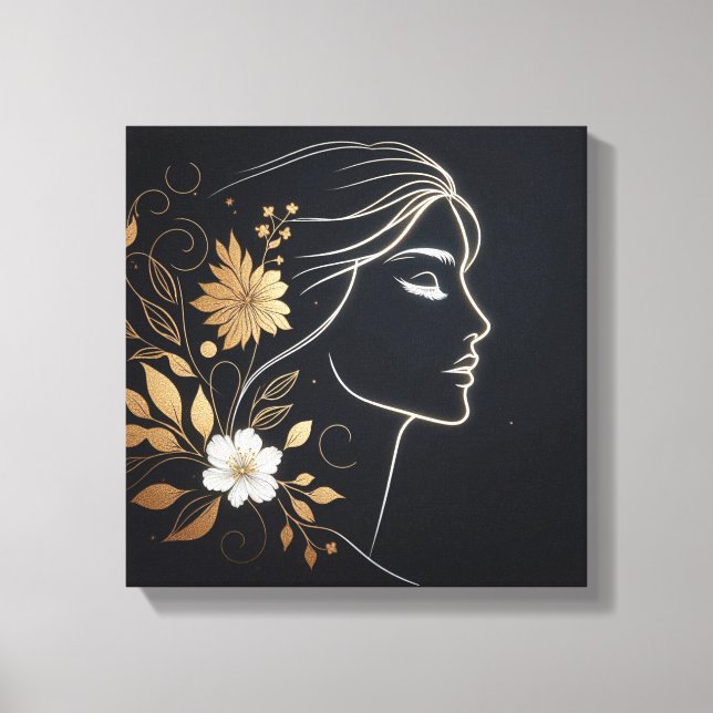 Impressão Em Tela Minimal Feminine Line Art with Golden Flowers (Frente)