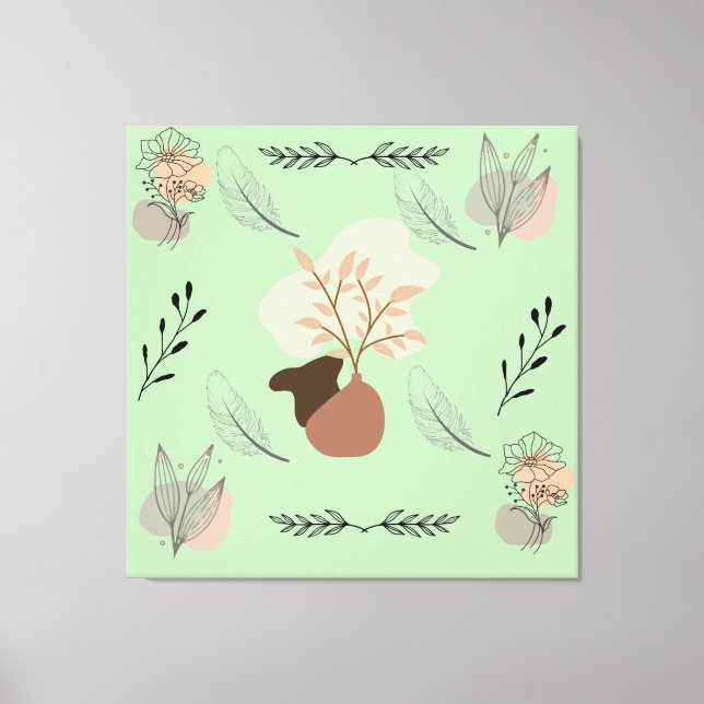 Impressão Em Tela Minimal vase, feathers and floral boho art- (Frente)
