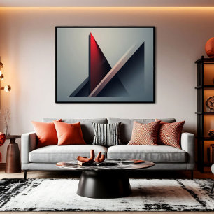 Impressão Em Tela Minimalista 3D Geométrico Abstrato Vermelho e Cinz