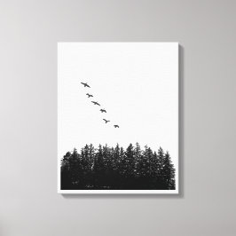 Impressão Em Tela Mínimo de Gansos Voadores e Pinheiros Monocromátic