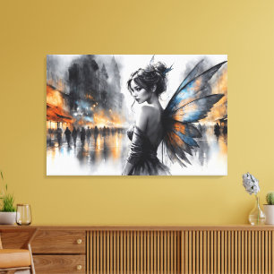 Impressão Em Tela Misteriosa fada negra cidade brilhando asas etérea