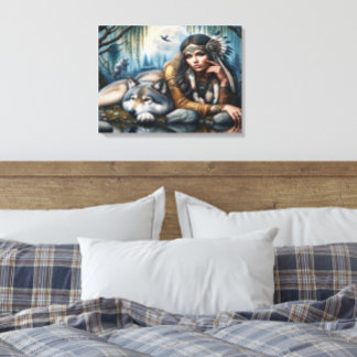 Impressão Em Tela Mística De Uma Mulher Americana Nativa Com Lobos 2