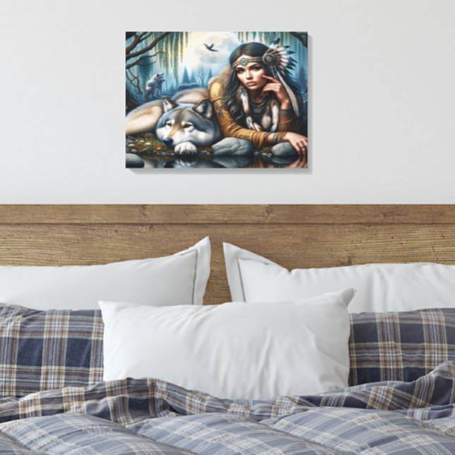 Impressão Em Tela Mística De Uma Mulher Americana Nativa Com Lobos 2 (Criador carregado)
