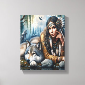 Impressão Em Tela Mística Uma Mulher Americana Nativa Com Lobos 10x8