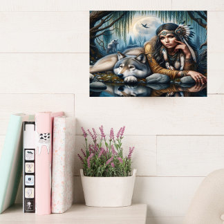 Impressão Em Tela Mística Uma Mulher Americana Nativa Com Lobos 16x1