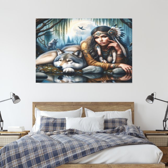 Impressão Em Tela Mística Uma Mulher Americana Nativa Com Lobos 36x2 (Insitu(Quarto))