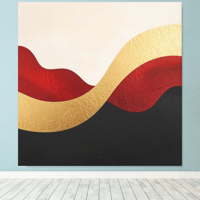 Impressão Em Tela Modern Wave Gold Red Black  (Insitu(piso de madeira))