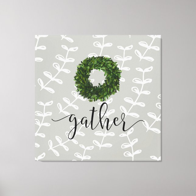 Impressão Em Tela Moderno Farmhouse "Gather" Script Boxwood Wreath (Frente)