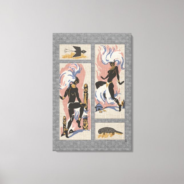 Impressão Em Tela Moderno Retroativo Tribal Dancers_Black_Cinza_Pink (Frente)