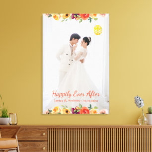 Impressão Em Tela Moldura floral casal foto casamento chinês orienta