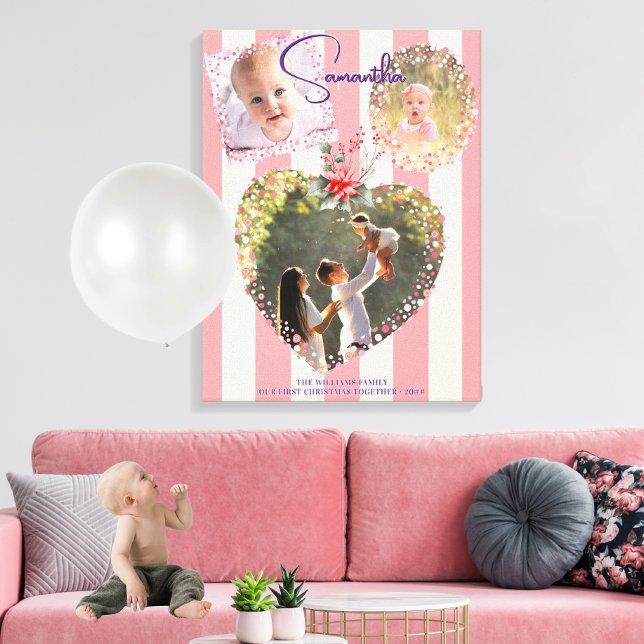 Impressão Em Tela Molduras Ornamentadas 3 Fotos Rosa Primeiro Natal  (Ornate Frames 3 Photo Pink 1st Christmas Milestone Foam Board Nursery Decor Family Keepsake Gift)
