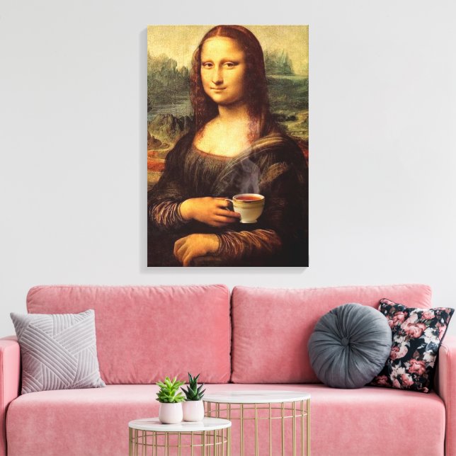 Impressão Em Tela Mona Lisa segurando chá quente Leonardo da Vinci (Insitu(Sala de estar))