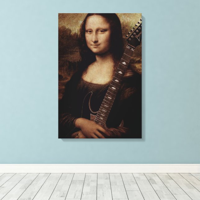 Impressão Em Tela Mona Lisa segurando uma guitarra (guitarrista) (Insitu(piso de madeira))