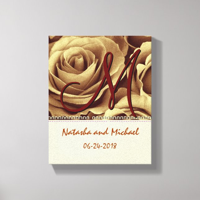 Impressão Em Tela Monograma Bride e Grama com Rosas Dourados (Frente)