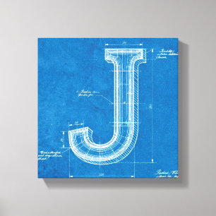 Impressão Em Tela Monograma de Blueprint Letra J