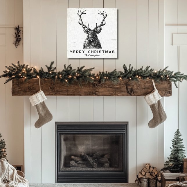 Impressão Em Tela Monograma de Natal Rustic Black White (Rustic Black White Deer Christmas Monogram Canvas Print)