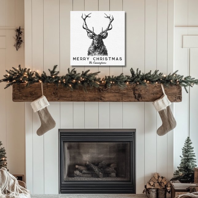 Impressão Em Tela Monograma de Natal Rustic Black White (Rustic Black White Deer Christmas Monogram Canvas Print)