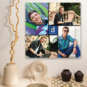 Impressão Em Tela Monograma Quadrado Azul Minimalista 4 Fotos Gradua