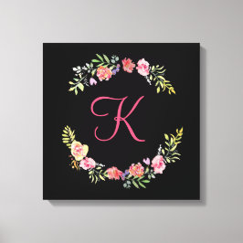 Impressão Em Tela Monograma Rosa, Amarelo e Verde Floral Aquarela