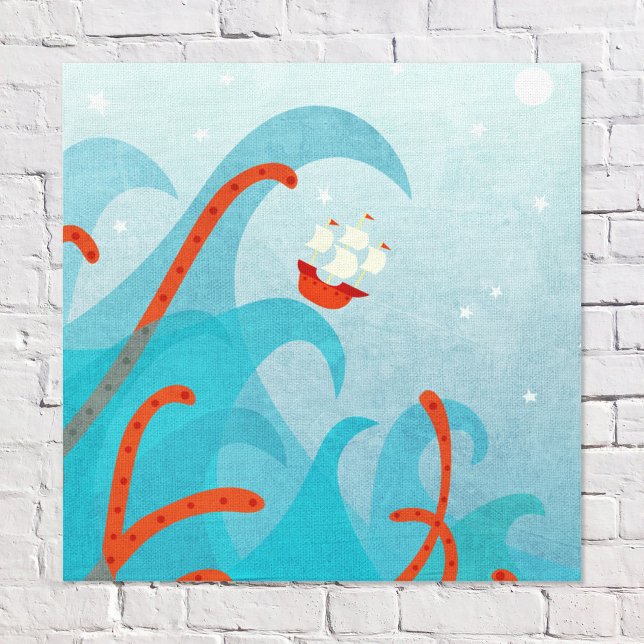 Impressão Em Tela Monstro do Mar do Navio à Vela (Sailing Boat and Sea Monster fun wall art)