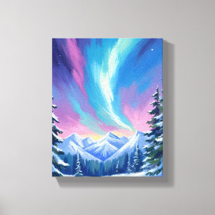 Impressão Em Tela Montanha de Aquarela da Aurora Boreal Noturna de I
