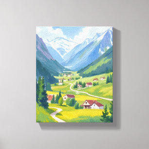 Impressão Em Tela Montanhas Aquarela Alpes Suíços Pintura Viagem