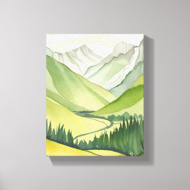 Impressão Em Tela Montanhas Lush | Paisagem de Aquarela Verde (Frente)