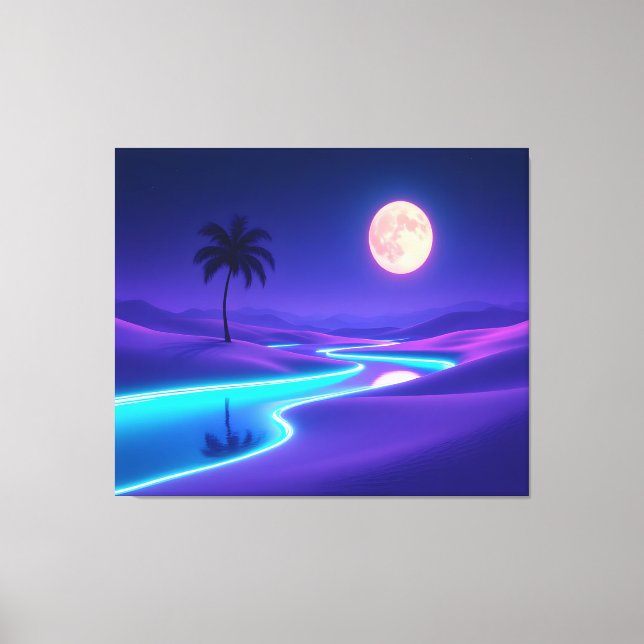 Impressão Em Tela Moonlit Blue Oasis – Dreamy Desert Night Landscape (Frente)