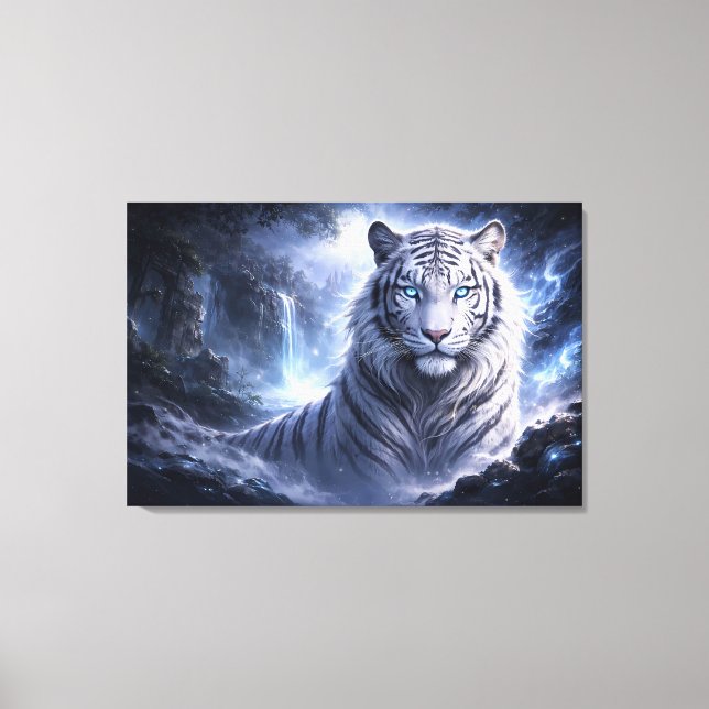 Impressão Em Tela Moonlit White Tiger Guardian – Blue Fantasy Spirit (Frente)