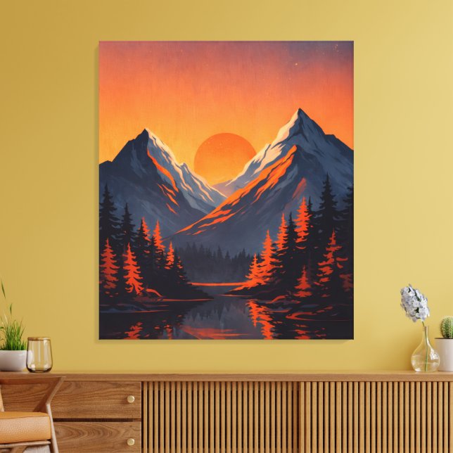 Impressão Em Tela Mountain Sunset Reflection Fiery Orange Sky  (Insitu(Sala de estar))