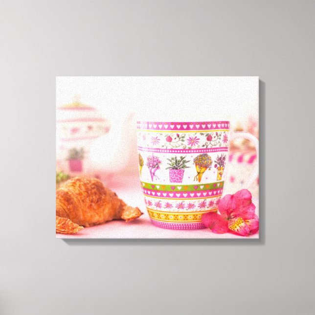Impressão Em Tela Mug Com Chá, Croissant E Flor (Frente)