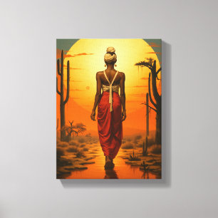 Impressão Em Tela Mulher africana caminhando na paisagem solar do de