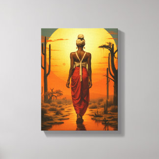 Impressão Em Tela Mulher africana caminhando na paisagem solar do de
