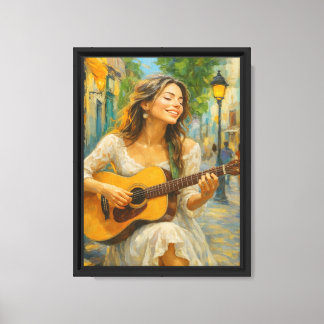 Impressão Em Tela Mulher Alegre Tocando Violão na Rua Ensolarada