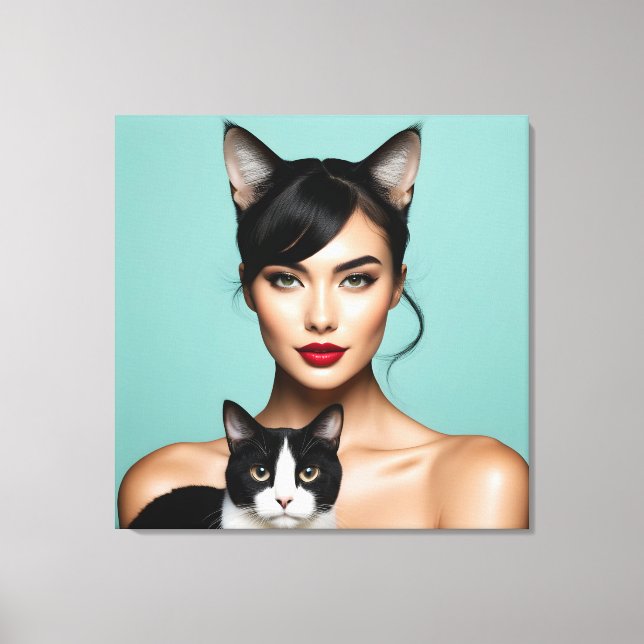 Impressão Em Tela Mulher artística com gato (Frente)