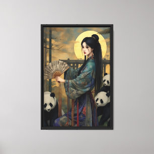 Impressão Em Tela Mulher Asiática Elegante com Pandas - Arte Luar
