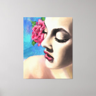 Impressão Em Tela Mulher Bela com Rosa vermelha - Pintura Original