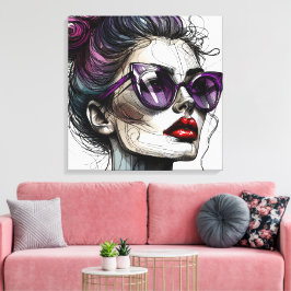 Impressão Em Tela Mulher bonito em óculos escuros e batom roxo