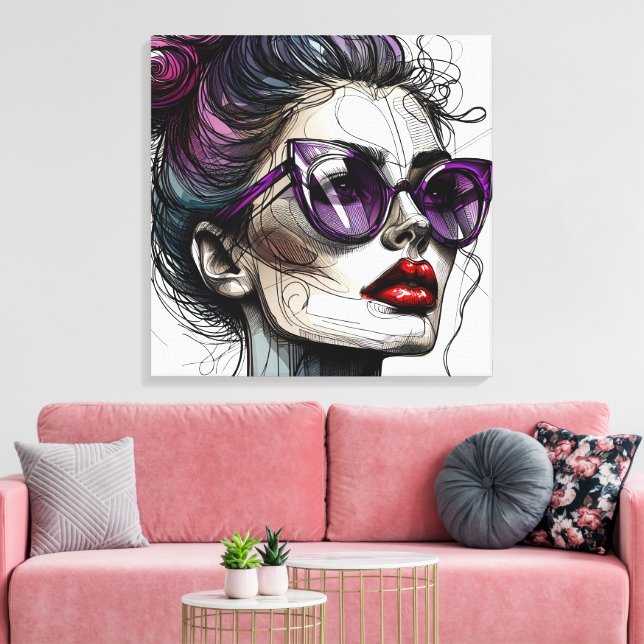 Impressão Em Tela Mulher bonito em óculos escuros e batom roxo (Insitu(Sala de estar))