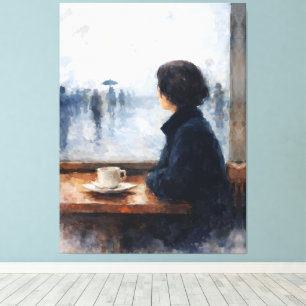 Impressão Em Tela Mulher Contemplativa Janela de Café Chuvoso Aquare