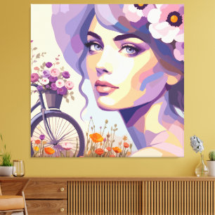 Impressão em Tela Mulher de Bicicleta Floral Vinta