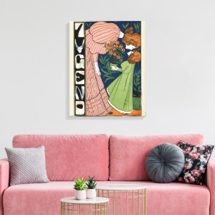 Impressão Em Tela Mulher e Menina Art Nouveau Vintage Vestido Verde