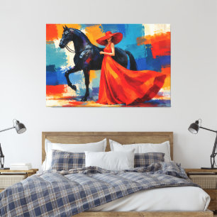 Impressão Em Tela Mulher Elegante de Vermelho com Cavalo Preto