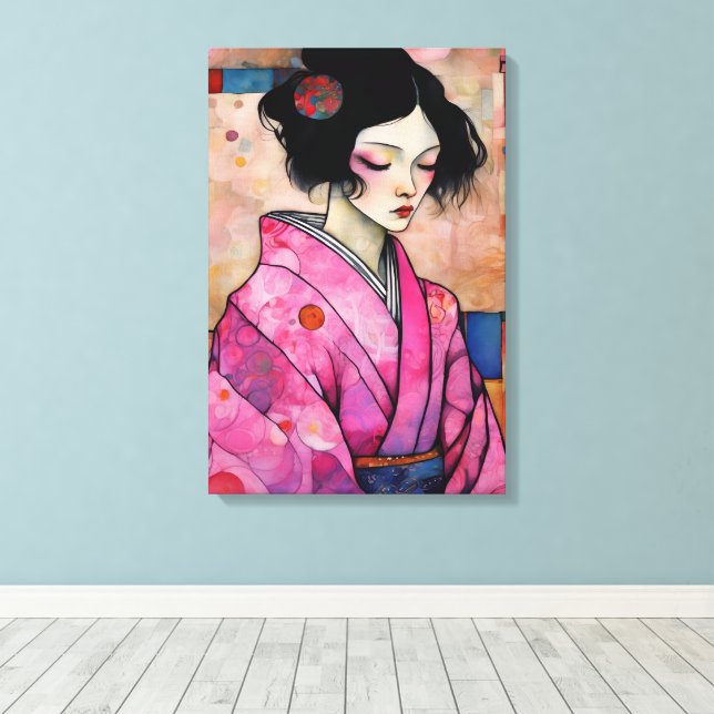 Impressão Em Tela Mulher em Pink Kimono (Insitu(piso de madeira))