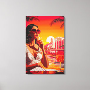 Impressão Em Tela Mulher Glamourosa Pop Art ao Pôr do Sol com Vinho
