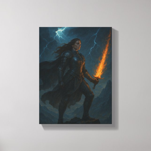 Impressão Em Tela Mulher Guerreira com Espada Flamejante em Tempesta (Frente)