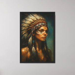 Impressão Em Tela Mulher Guerreira com Morada de Penas e Tribal