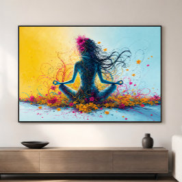 Impressão Em Tela Mulher Meditando na Posição de Lótus Colorida com 